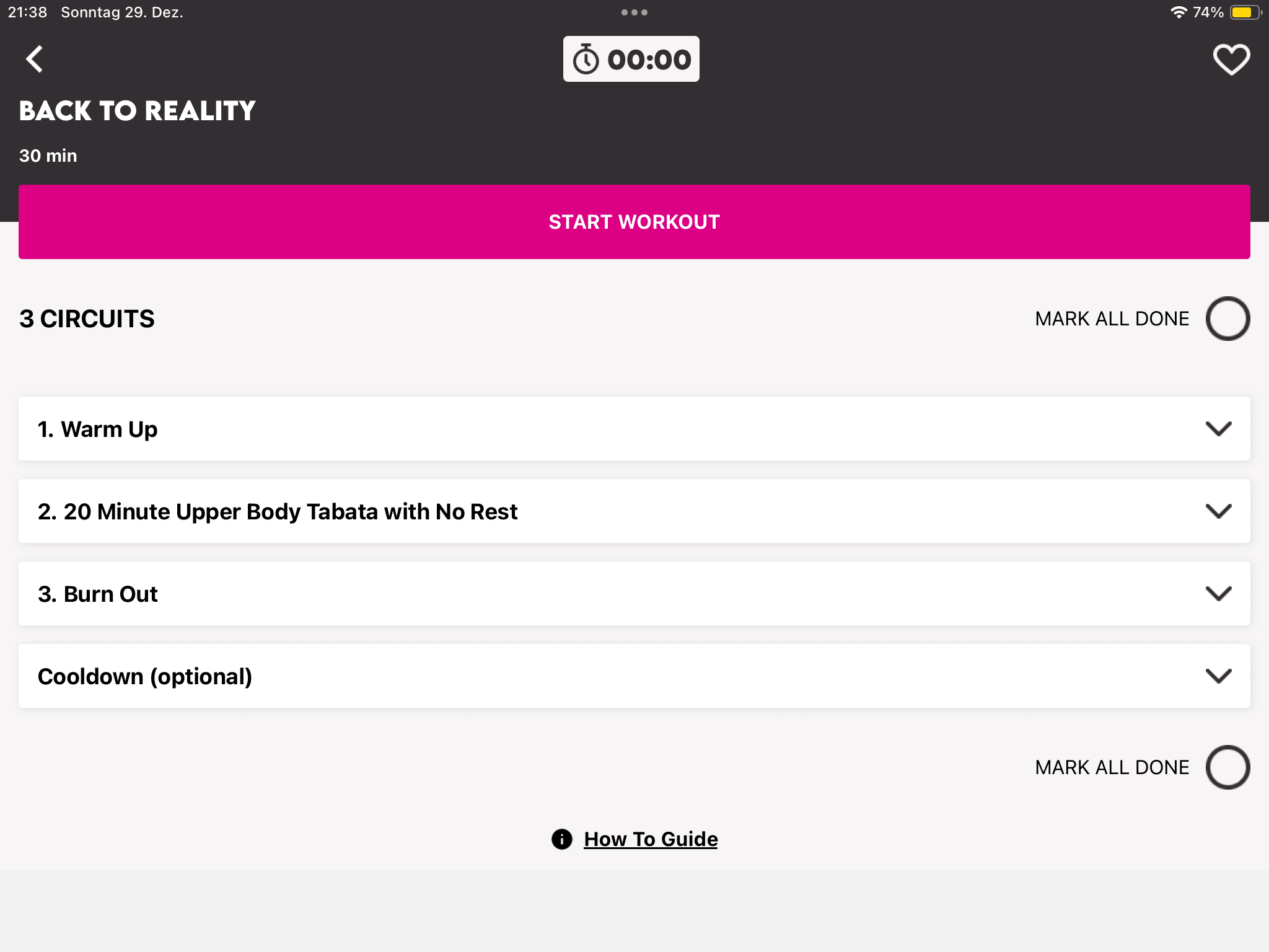 Ein Bildschirm der Trainings-App mit dem Titel „Zurück zur Realität“ zeigt einen 30-minütigen Trainingsplan.