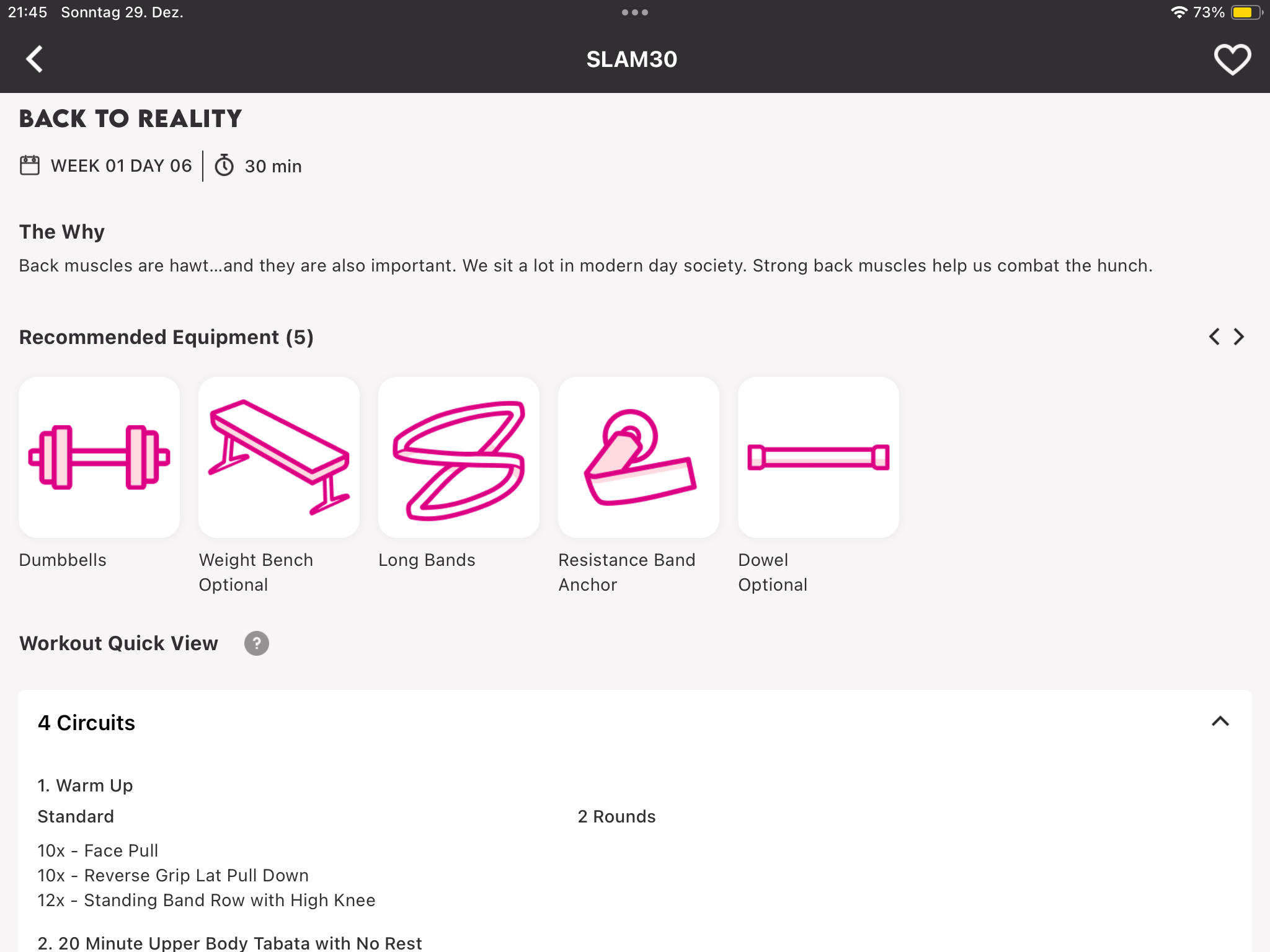 Ein digitaler Trainingsplan mit dem Titel „BACK TO REALITY“ und Empfehlungen für Material.
